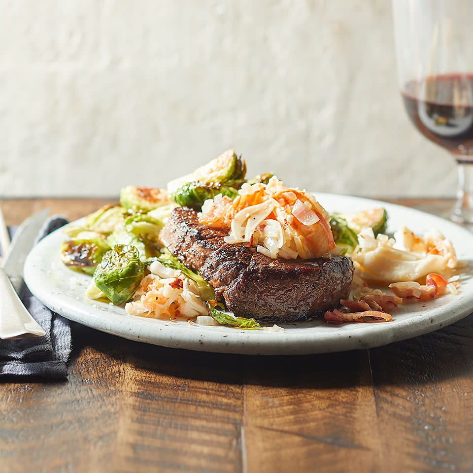 Lobster-Topped Tenderloin with Parmesan Brussels Sprouts