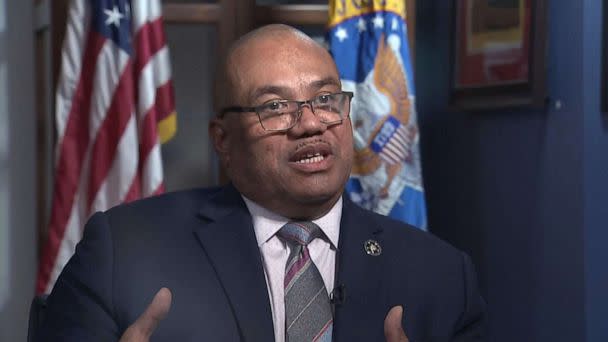 PHOTO: Director of the U.S. Marshals Service Ronald Davis sits down with ABC News' Chief Justice Correspondent Pierre Thomas at U.S. Marshals Headquarters in Arlington, Va., July 6, 2022. (ABC News)