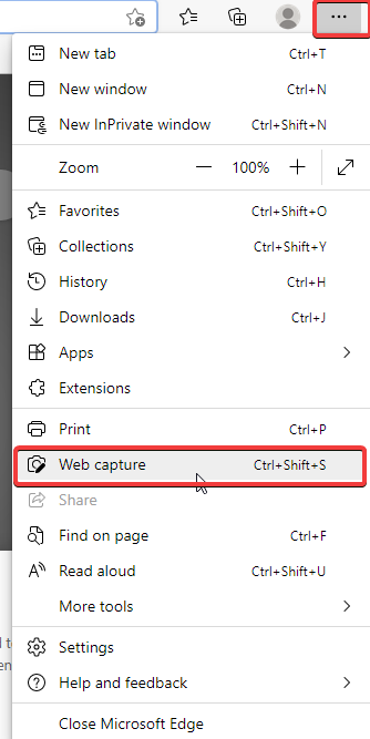 Scrolling web capture on Microsoft Edge