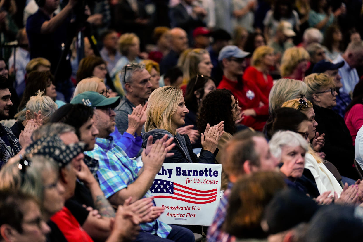Attendees applaud as Kathy Barnette, a Republican candidate for U.S. Senate in Pennsylvania, speaks