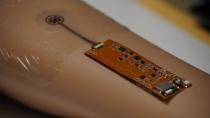 A VeCare bandage with sensor and microchip components is pictured at the National University of Singapore
