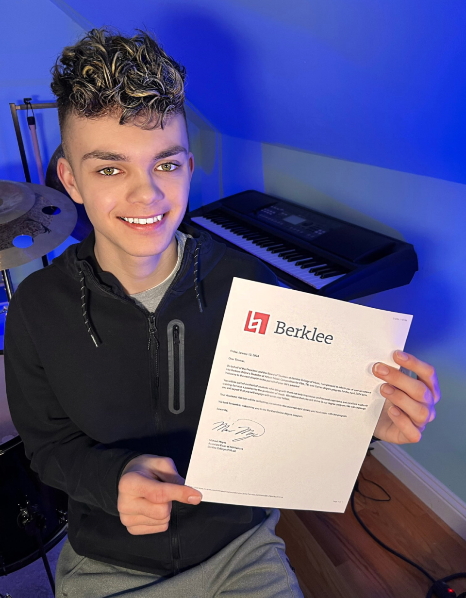Thomas Thunder has been accepted full time into the Bachelor's of Arts in Music Composition for Film, TV, and Games program at Berklee College.