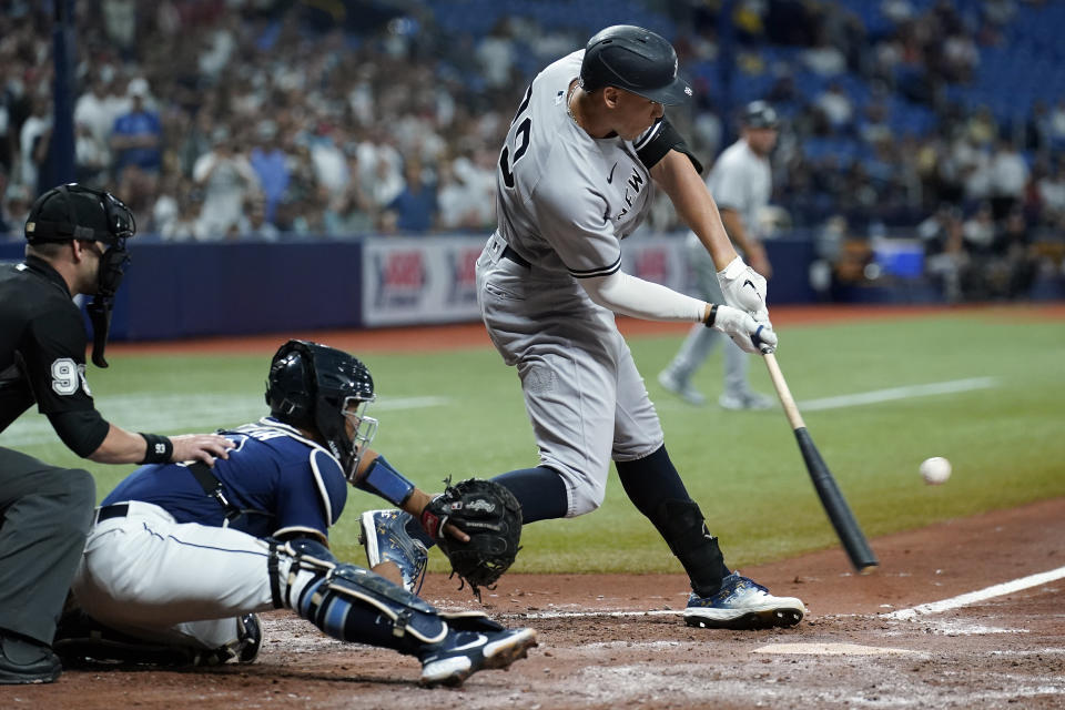 New York Yankees' Aaron Judge strkes out against Tampa Bay Rays starting pitcher Michael Wacha while pinch hitting during the fifth inning of a baseball game Wednesday, July 28, 2021, in St. Petersburg, Fla. (AP Photo/Chris O'Meara)