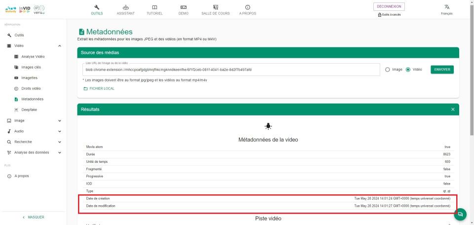 <span>Capture d’écran des résultats d’une recherche de métadonnées sur Invid, réalisée le 29 mai 2024 </span>