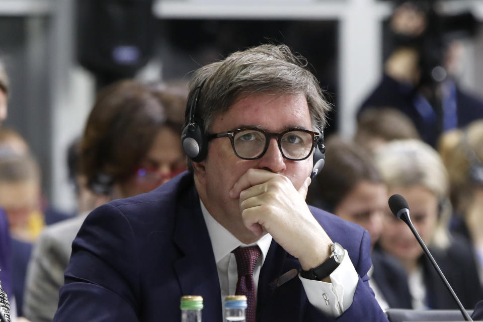 U.S. Assistant Secretary of State for European and Eurasian Affairs James O'Brien attends the plenary session of the OSCE (Organization for Security and Co-operation in Europe) Ministerial Council meeting, in Skopje, North Macedonia, on Thursday, Nov. 30, 2023. (AP Photo/Boris Grdanoski)