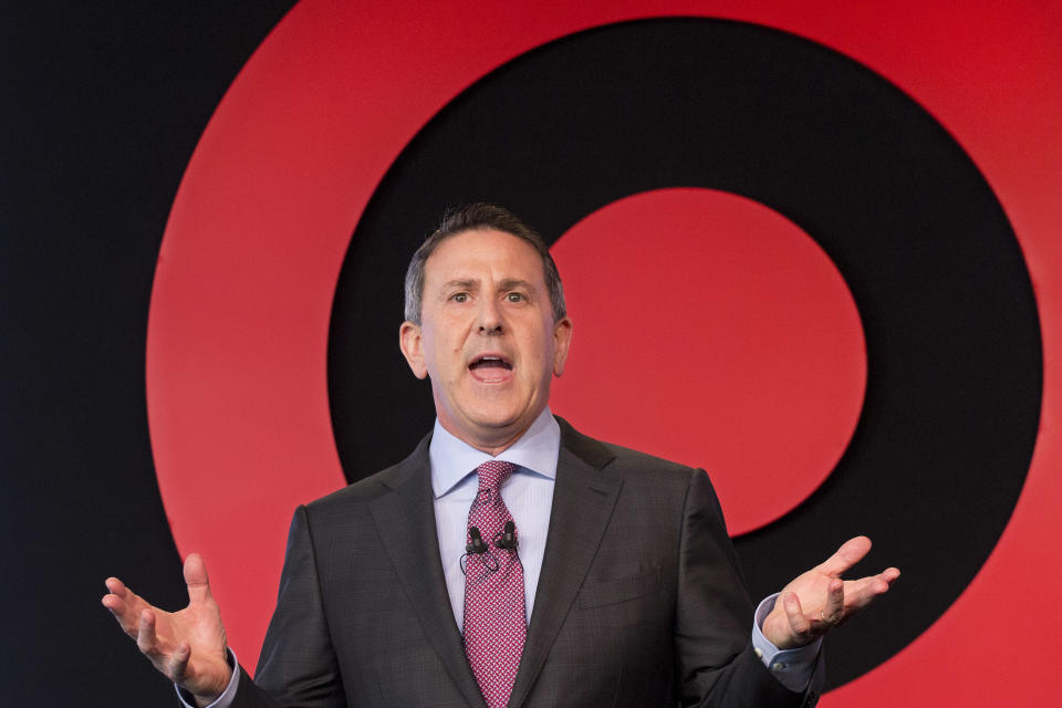 FILE - In this Wednesday, March 2, 2016, file photo, Target Chairman and CEO Brian Cornell speaks to a group of investors, in New York. On Monday, March 20, 2017, Cornell announced an ambitious redesign of Target's stores, aimed at helping people who need to dash in for essentials to get out quickly while encouraging those who want to wander the aisles to linger. (AP Photo/Mark Lennihan, File)