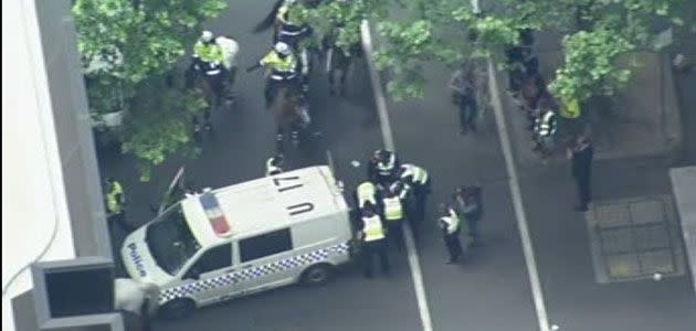 Aerial pictures: Police and student protesters clash during city rally against education cuts in Melbourne's CBD. Photo: 7News