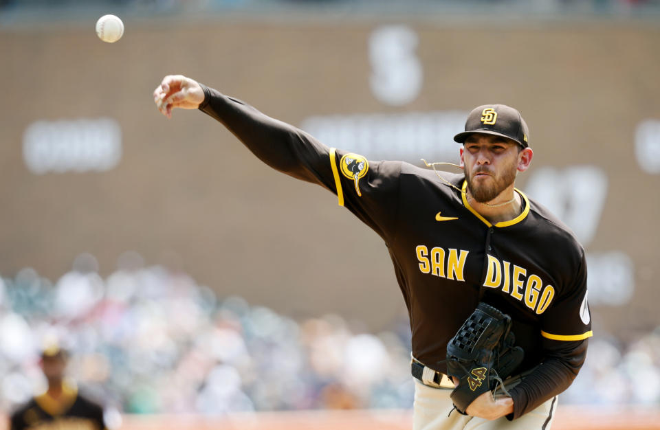 San Diego Padres' Joe Musgrove pitches against the Detroit Tigers during the second inning of a baseball game Sunday, July 23, 2023,, in Detroit. (AP Photo/Duane Burleson)