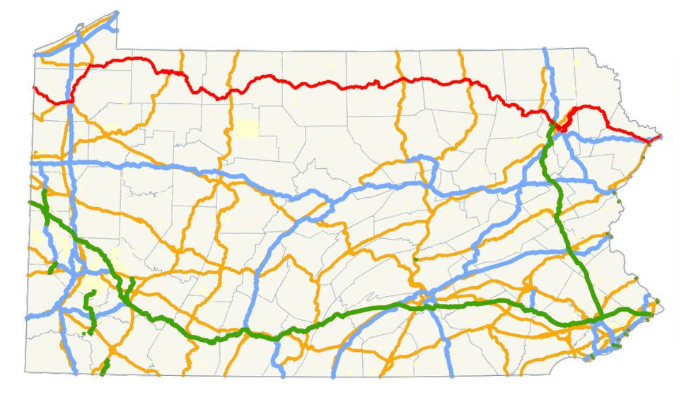 Route 6, seen on this map in red, was recently named by drivers as the most feared route in Pennsylvania.