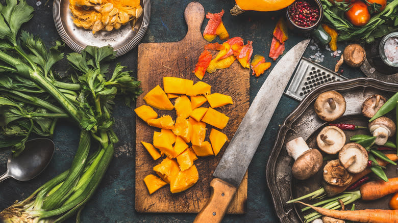 Chopped squash on cutting board