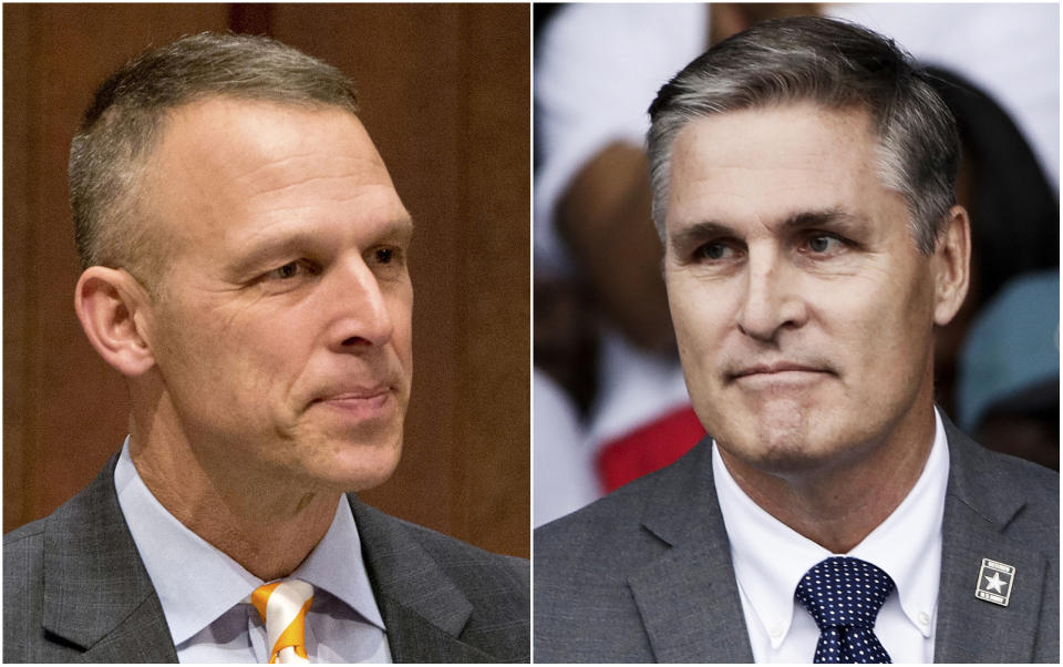 This combination of photos shows congressional candidates Rep. Scott Perry, R-Pa., left, and Democrat challenger George Scott. A court-ordered redrawing of Pennsylvania's House districts has forced several Republican congressmen including Perry into more competitive seats and helped establish Pennsylvania as a key state for Democrats aiming to recapture the House majority. (AP Photos)