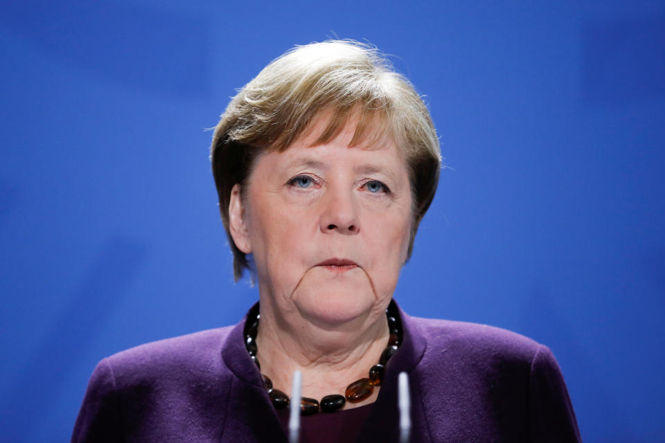 German Chancellor Angela Merkel holds a news conference about the coronavirus outbreak disease (COVID-19) and the German government measures to curb it, at the chancellery in Berlin, Germany, March 16, 2020.  Markus Schreiber/Pool via REUTERS