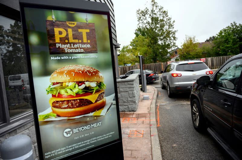 FILE PHOTO: A sign promoting McDonald's "PLT" burger with a Beyond Meat plant-based patty at one of 28 test restaurant locations in London, Ontario