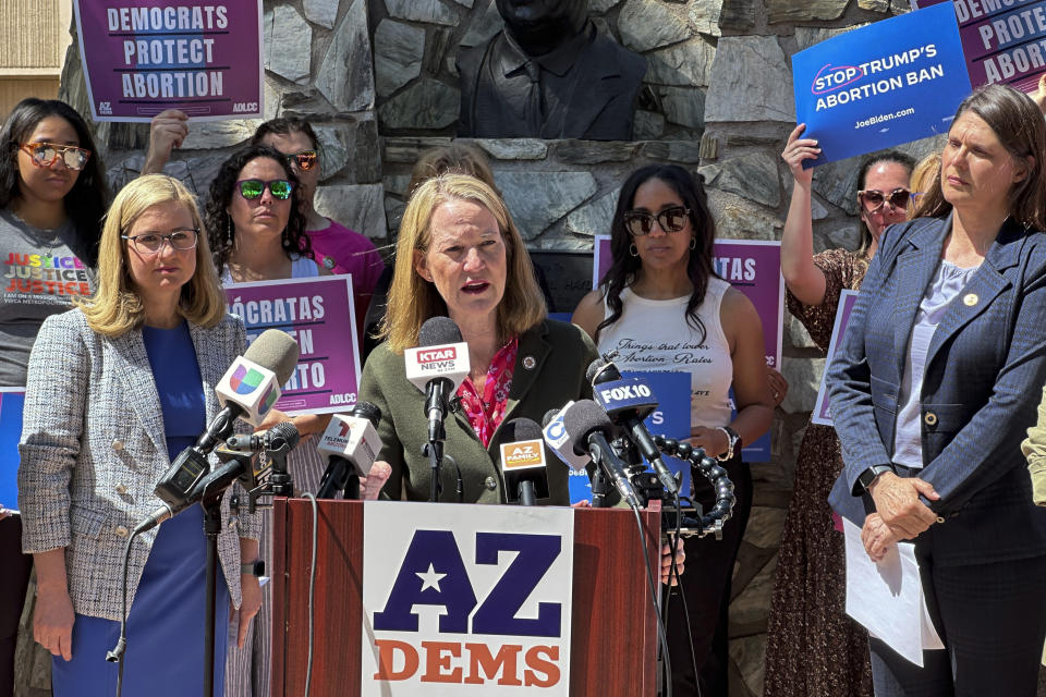 Arizona Attorney General Kris Mayes speaks to reporters at the state Capitol in Phoenix on Tuesday, April 9, 2024. (AP Photo/Jonathan Copper)