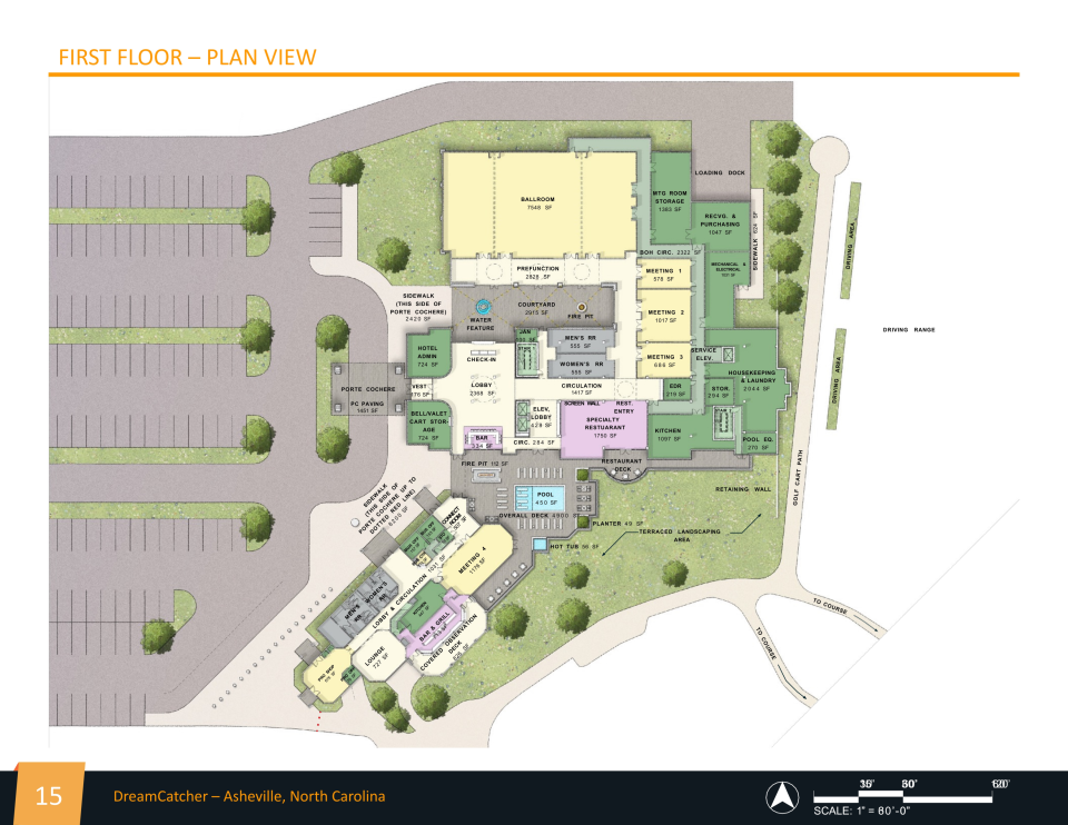 Site plans for the bottom floor of the DreamCatcher - Asheville, a new hotel that is planned for Broadmoor Golf Links, which is owned by the Asheville Regional Airport Authority. Plans were presented by DreamCatcher president and CEO Zeke Cooper at the Airport Authority Board meeting on Nov. 18.