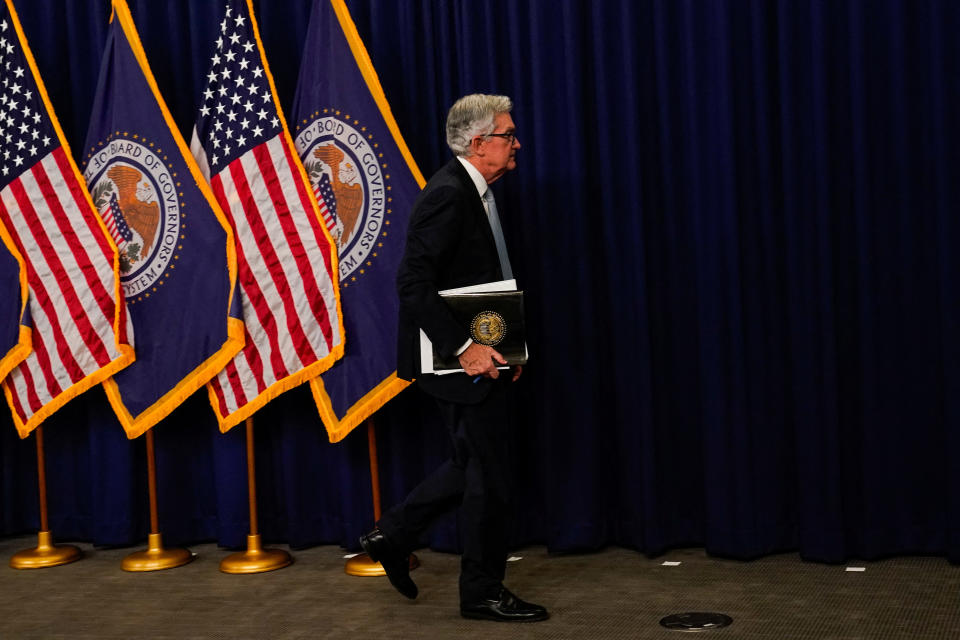 FTSE  Federal Reserve Board Chairman Jerome Powell leaves a news conference after Powell announced the Fed raised interest rates by three-quarters of a percentage point as part of their continuing efforts to combat inflation, following the Federal Open Market Committee meeting on interest rate policy in Washington, U.S., November 2, 2022. REUTERS/Elizabeth Frantz