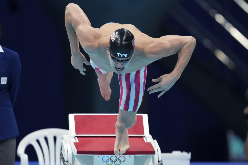 Nic Fink of the United States starts in the men's 200-meter breaststroke final at the 2020 Summer Olympics, Thursday, July 29, 2021, in Tokyo, Japan. (AP Photo/Matthias Schrader)