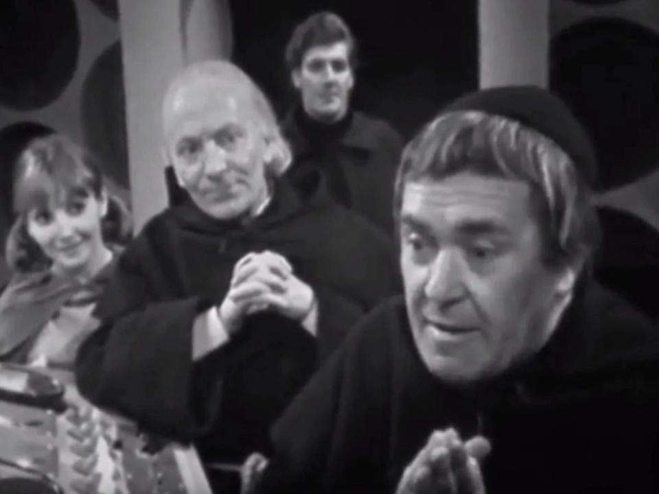 The Doctor, Vicki, and Steven speak to the Meddling Monk in Doctor Who historical story "The Time Meddler."