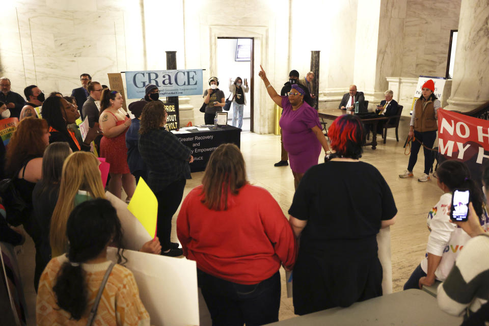 Del. Danielle Walker, D-Monongalia, speaks during a protest opposing HB2007 at the state capitol in Charleston, W.Va., on March 9, 2023. HB2007 would ban health care for trans children in the state. (AP Photo/Chris Jackson)