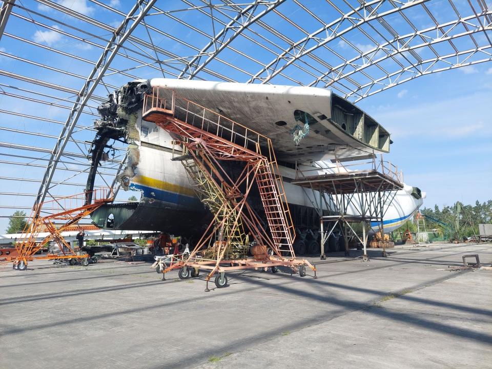 The An-225 with no wings or cockpit, taken August 10 at Hostomel.