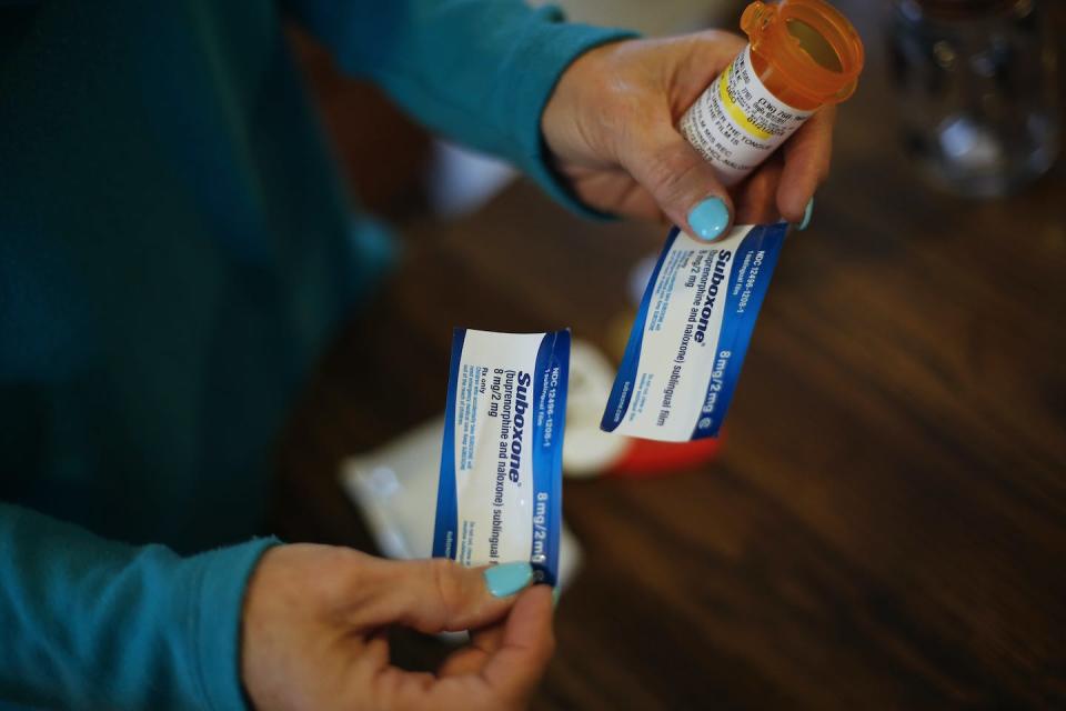 Suboxone is a medicine containing buprenorphine and naltrexone. It is most often taken under the tongue. <a href="https://www.gettyimages.com/detail/news-photo/susan-stevens-shows-off-a-prescription-for-suboxone-her-news-photo/1134203790" rel="nofollow noopener" target="_blank" data-ylk="slk:Eamon Queeney/The Washington Post via Getty Images;elm:context_link;itc:0;sec:content-canvas" class="link ">Eamon Queeney/The Washington Post via Getty Images</a>