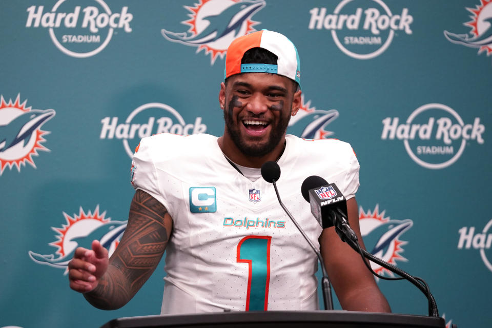 Miami Dolphins quarterback Tua Tagovailoa (1) speaks during a post game news conference following an NFL football game against the Carolina Panthers, Sunday, Oct. 15, 2023, in Miami Gardens, Fla. The Dolphins defeated the Panthers 42- 21. (AP Photo/Wilfredo Lee )