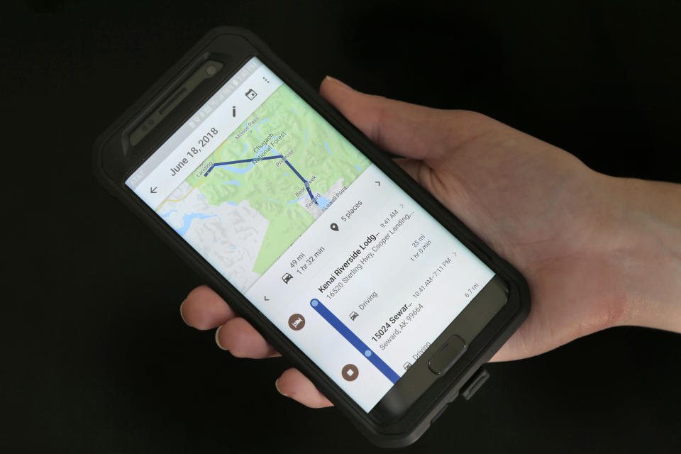 FILE - In this Aug. 8, 2018, file photo, a mobile phone displays a user's travels using Google Maps in New York. Google attracted concern about its continuous surveillance of users after The Associated Press reported that it was tracking people’s movements whether they like it or not. (AP Photo/Seth Wenig, File)