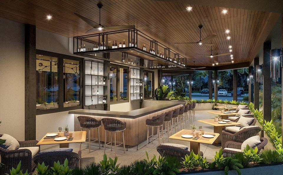 A rendering view of the outdoor bar area at Meat Market steakhouse in Boca Raton.