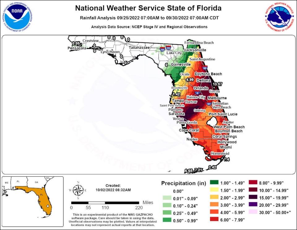 This map shows rainfall from Hurricane Ian.