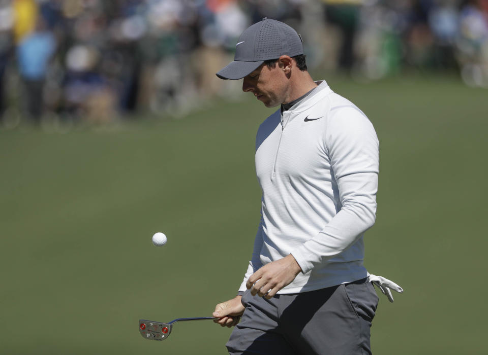 Rory McIlroy of Northern Ireland, bounces a ball on his putter after playing the second hole during the second round of the Masters golf tournament Friday, April 7, 2017, in Augusta, Ga. (AP Photo/David Goldman)