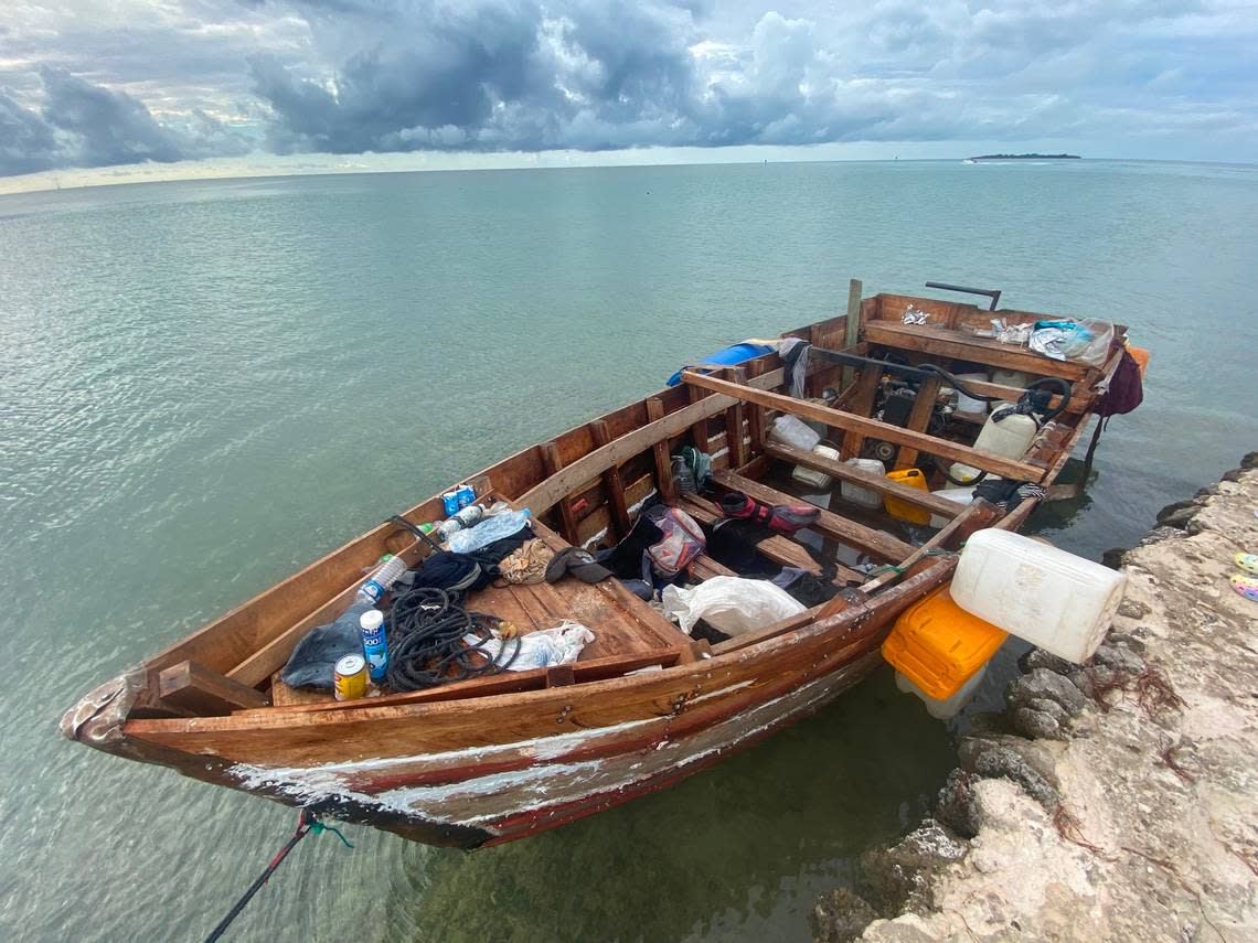 A wooden Cuban boat is tied to a sea wall in the Fills area of Indian Key in the Florida Keys on Friday, Oct. 12, 2022.