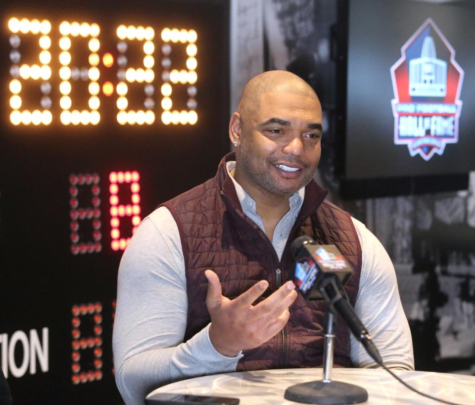 Richard Seymour speaks to the media at the Pro Football Hall of Fame in Canton on Monday, March 14, 2022. Seymour is a member of the Class of 2022.