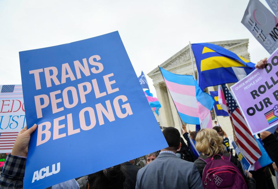 Protesters and supporters gathered in front of the Supreme Court on Oct. 8, 2019, as the justices heard challenges from New York, Michigan and Georgia involving workers who claimed they were fired because they were gay or transgender. The court ruled in their favor in June.