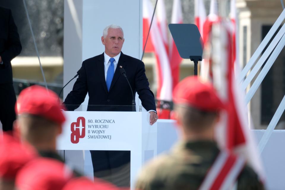Vice President Mike Pence gives a speech at an international ceremony to commemorate the 80th anniversary of the outbreak of World War II on Sept. 1, 2019 in Warsaw, Poland. Pence stepped in for President Donald Trump, who had been scheduled to attend the ceremony but pulled out last week.