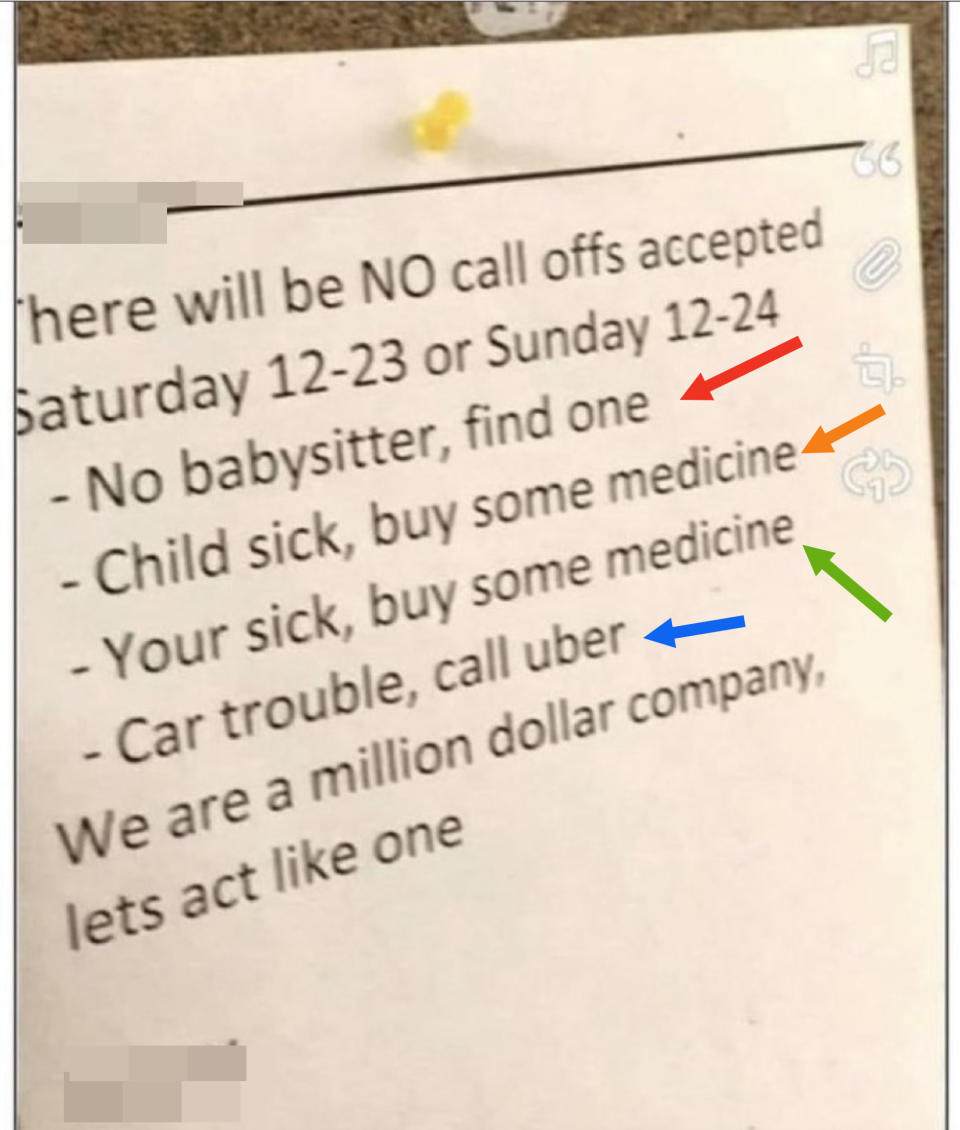 arrows pointing to the different "excuses" they will not be hearing for call offs