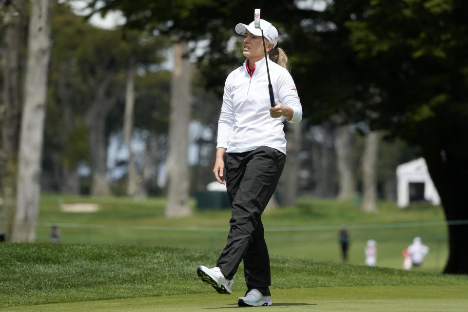 England's Bronte Law reacts after missing a putt on the third hole at the International Crown match play golf tournament in San Francisco, Thursday, May 4, 2023. (AP Photo/Jeff Chiu)