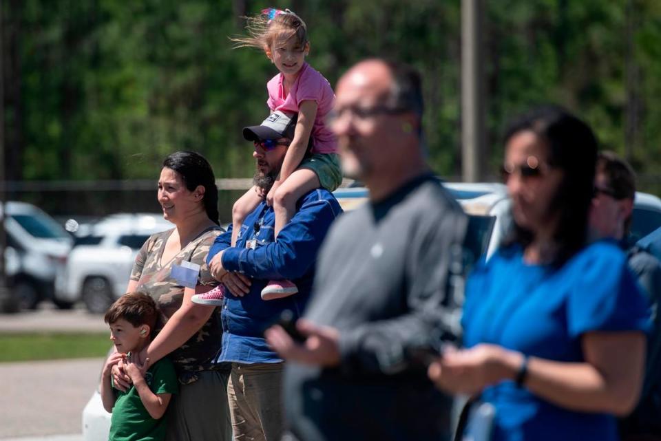 NASA guests and employees watch as NASA tests an RS-25 engine at NASA’s Stennis Space Center in Bay St. Louis on Wednesday, April 3, 2024. The engines, which are destined for NASA’s Artemis missions back to the moon, are assembled and tested at Stennis. Hannah Ruhoff/Sun Herald