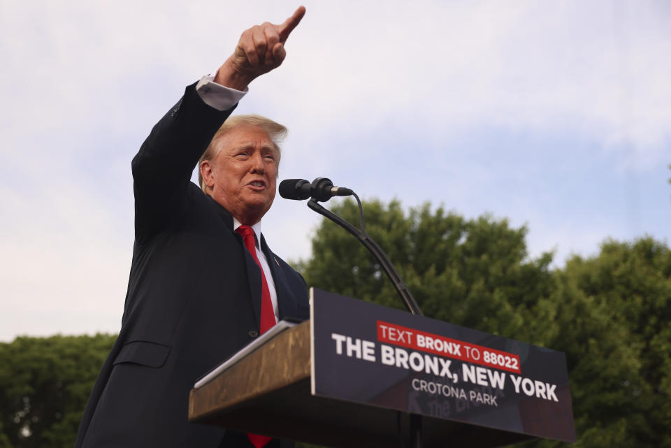 Former President Donald Trump speaks at a rally, Thursday, May 23, 2024, in the Bronx borough of New York. (AP Photo/Yuki Iwamura)