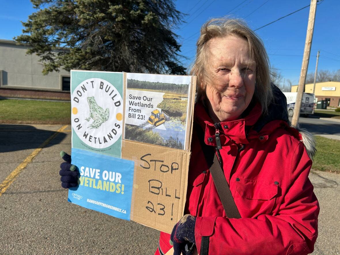 Linda Kulkarni was among the approximately 80 people who took part in Saturday's protest in Smiths Falls against Bill 23.  (Guy Quenneville/CBC - image credit)