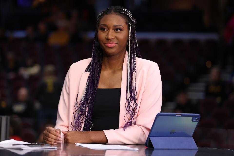 CLEVELAND, OHIO - APRIL 05: Aliyah Boston looks on during the ESPN broadcast before the NCAA Women's Basketball Tournament Final Four between the South Carolina Gamecocks and the NC State Wolfpack semifinal game at Rocket Mortgage Fieldhouse on April 05, 2024 in Cleveland, Ohio. (Photo by Steph Chambers/Getty Images) ORG XMIT: 776106203 ORIG FILE ID: 2141873327