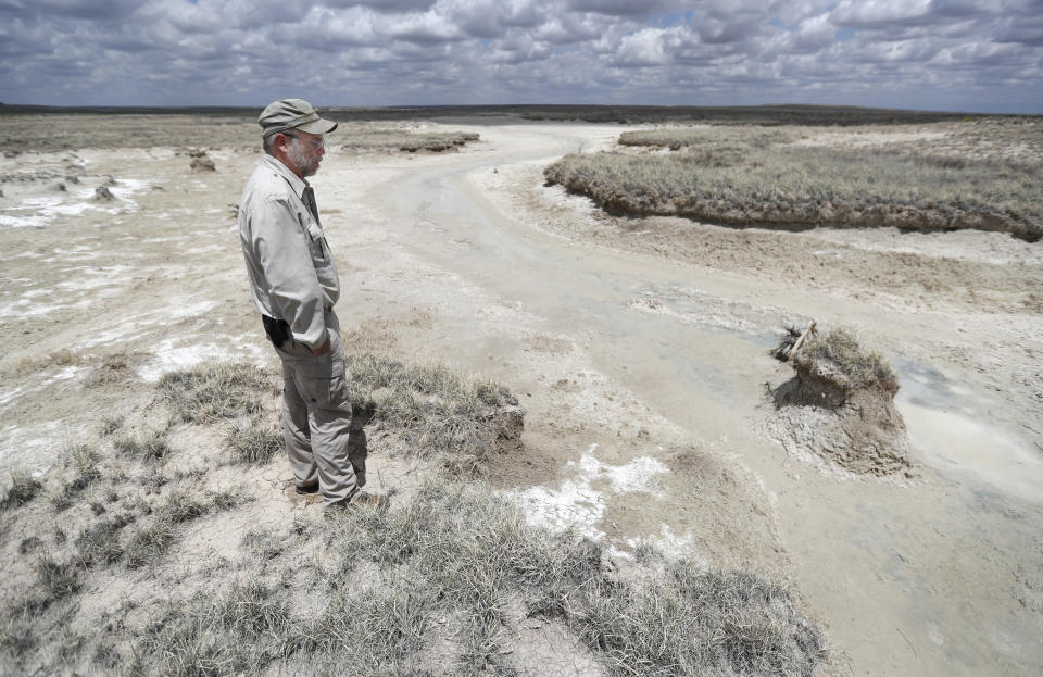 Biologist Jude Smith looks over a nearly dry spring at the Muleshoe National Wildlife Refuge outside Muleshoe, Texas, on Tuesday, May 18, 2021. The spring is fed by the Ogallala Aquifer, which is becoming depleted because of irrigation and drought. (AP Photo/Mark Rogers)