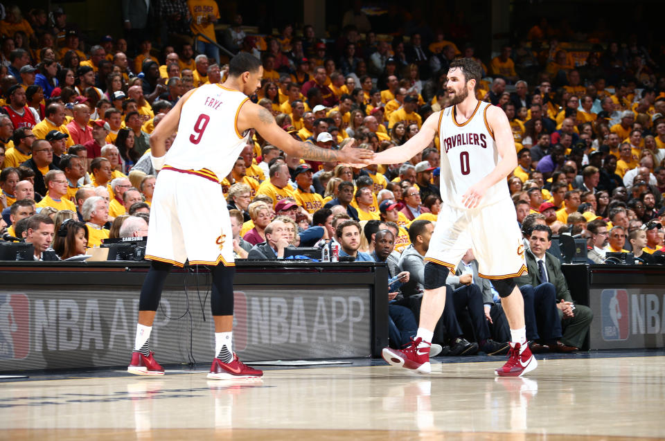 Channing Frye got the best welcome ever from former teammate Kevin Love. (Getty Images)