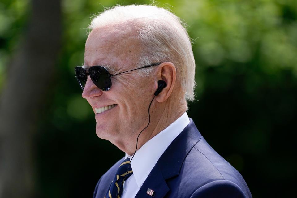 President Joe Biden smiles during a news conference with South Korea's President Yoon Suk Yeol in the Rose Garden of the White House on Wednesday, April 26, 2023, in Washington.