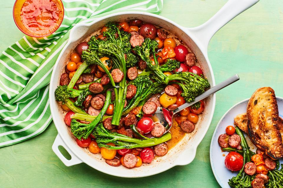 Fully cooked sausage in the fridge means dinner can be ready in ten minutes. Here it's combined with broccolini and cherry tomatoes for a simple skillet dinner.