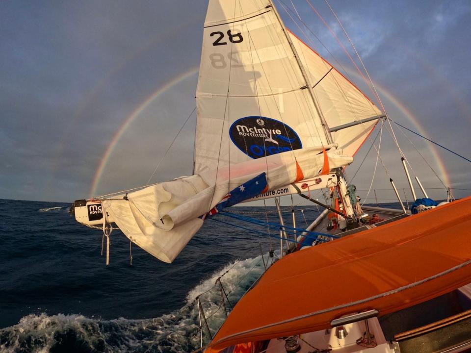 The team on board the Explorer witnessed a double rainbow in the Tasman Sea during the race.