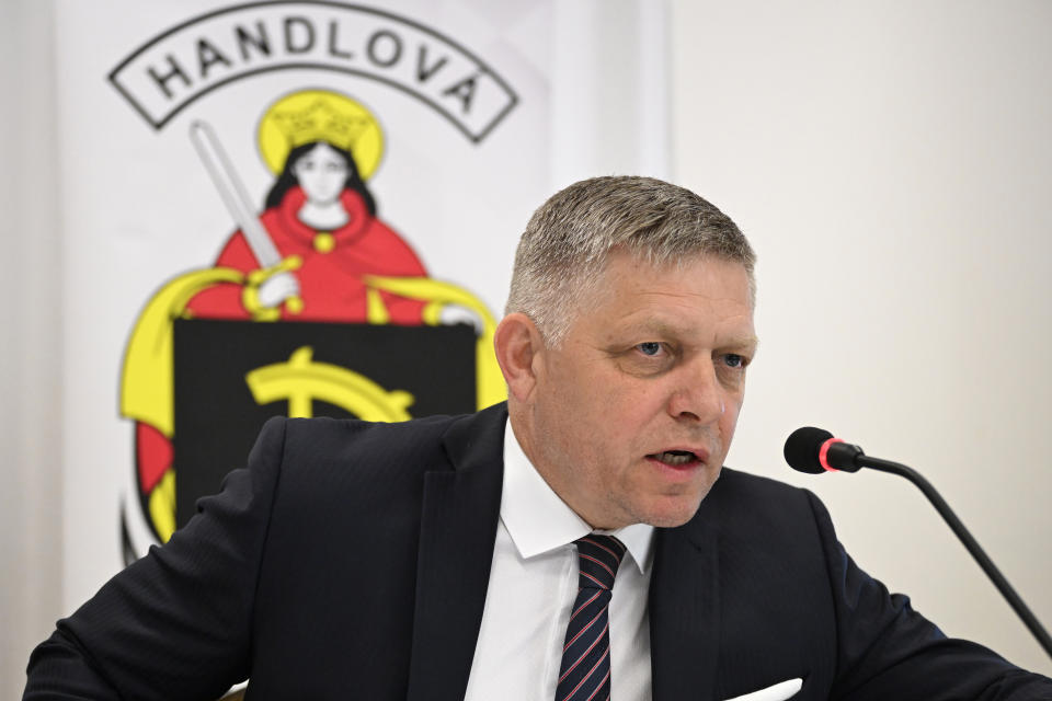 Slovakia's Prime Minister Robert Fico speaks during a press conference after the cabinet's away-from-home session in the town of Handlova, Slovakia, Wednesday, May, 15, 2024. Prime Minister Robert Fico was shot and injured after the away-from-home government meeting in Handlova, according to information confirmed by Parliamentary Vice-Chair Lubos Blaha, who suspended the House session. (Radovan Stoklasa/TASR via AP)