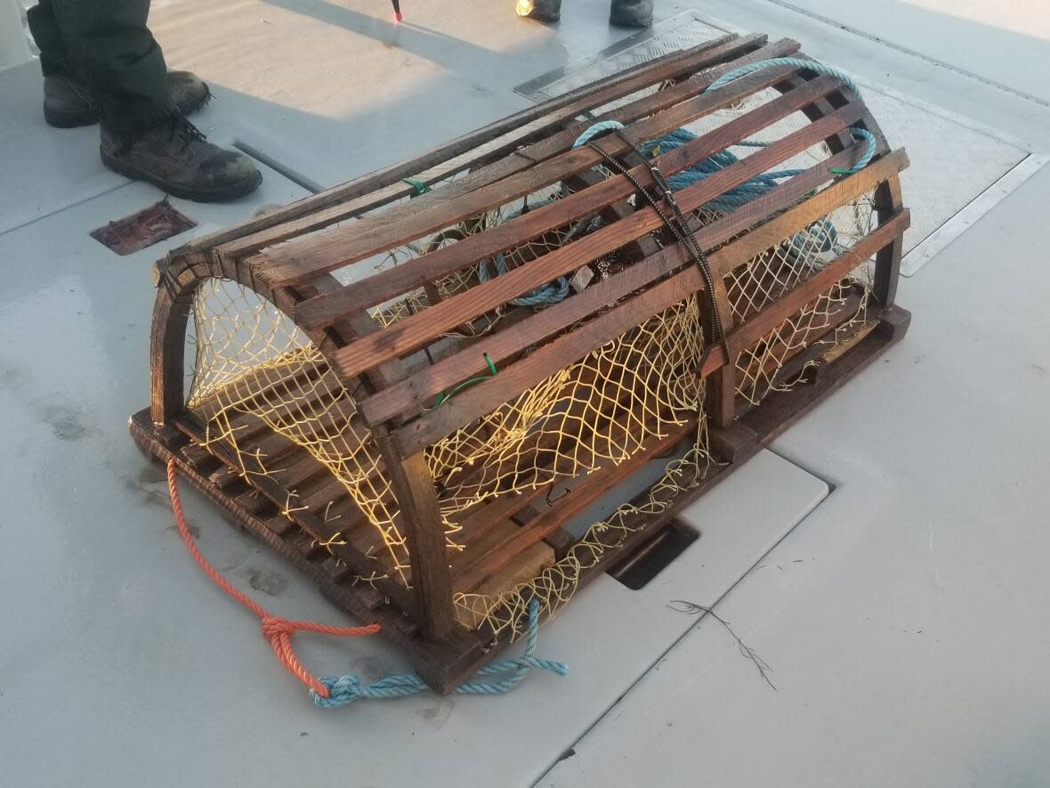 Department of Fisheries and Oceans officers in Nova Scotia recover a slashed lobster trap from Sydney Harbour in December 2020, as part of their investigation into a 