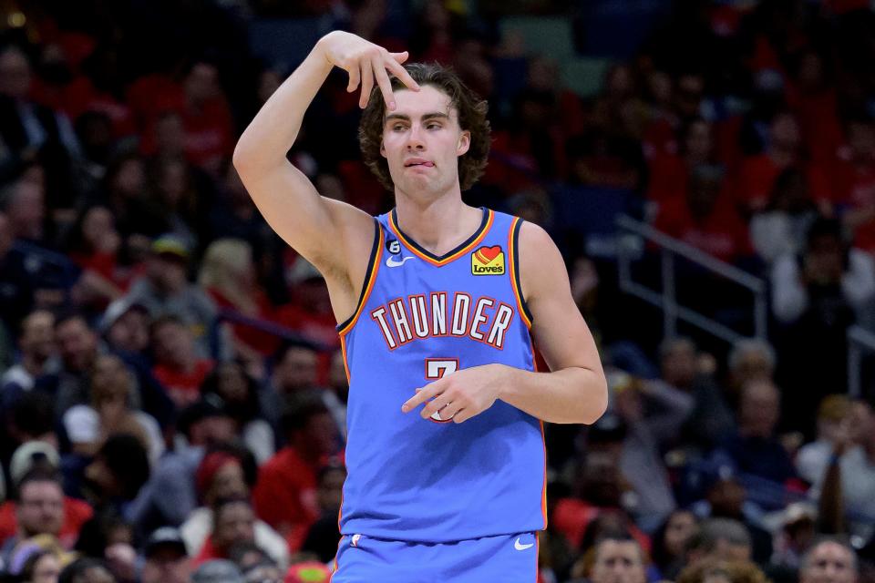 Oklahoma City Thunder guard Josh Giddey (3) reacts to making a 3-point basket against the New Orleans Pelican during the second half of an NBA basketball play-in tournament game in New Orleans, Wednesday, April 12, 2023.