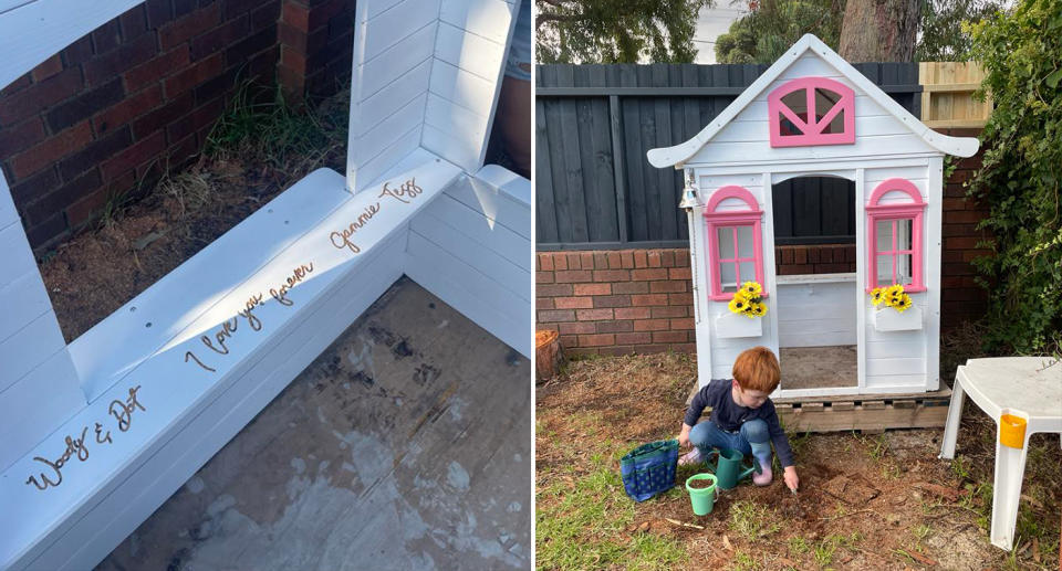 Left, the engraving in the repaired cubby 'Woody & Dot, I love you forever. Gammie Tess'. Right, Woody playing in front of the new cubby.