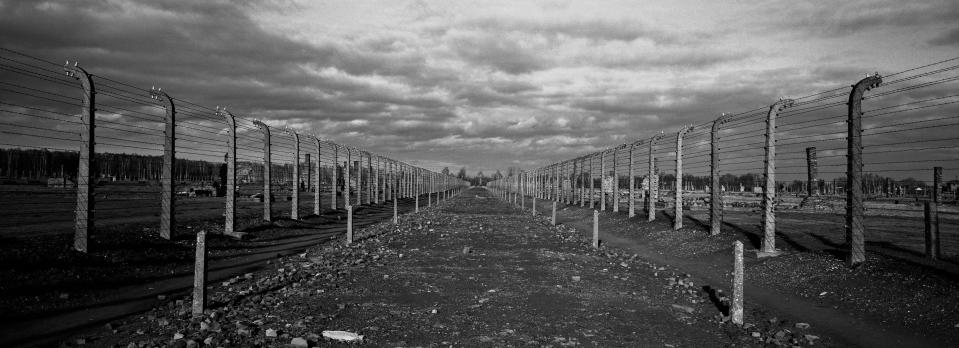 The remains of the brick stone chimneys of prisoner barracks can be seen inside the former Nazi death camp of Auschwitz Birkenau or Auschwitz II in Oswiecim, Poland, Sunday, Dec. 8, 2019. (AP Photo/Markus Schreiber)